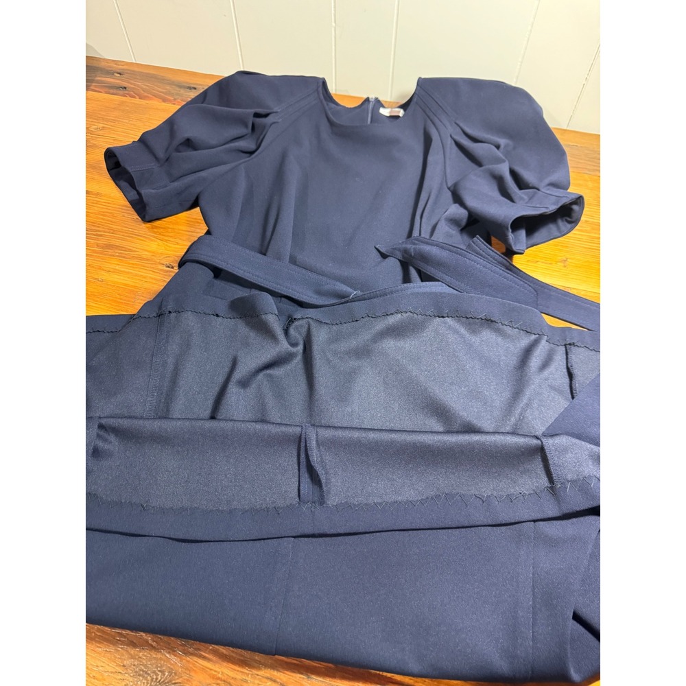 Calvin Klein Navy Puff Sleeve Belt Tie Waist Midi Dress Size 14W Altered Hem - Picture 9 of 10